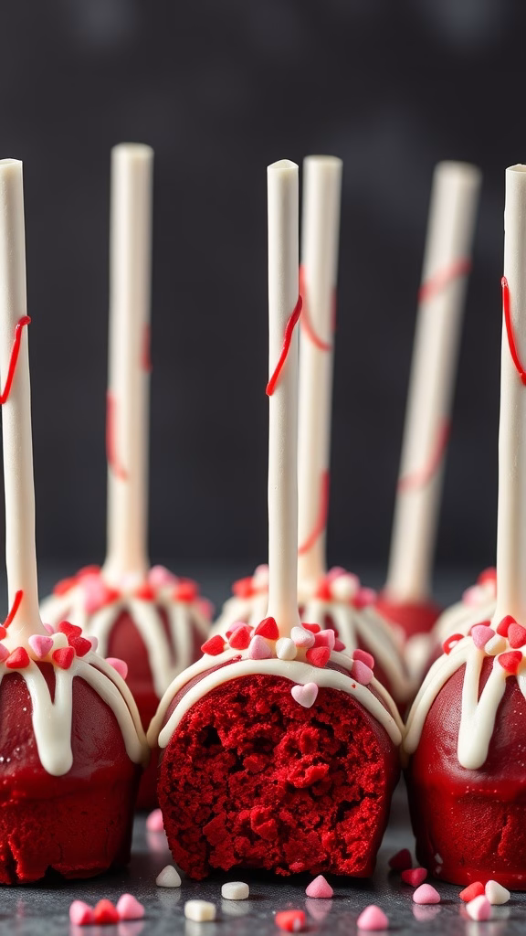 Close-up of red velvet cake pops with sprinkles