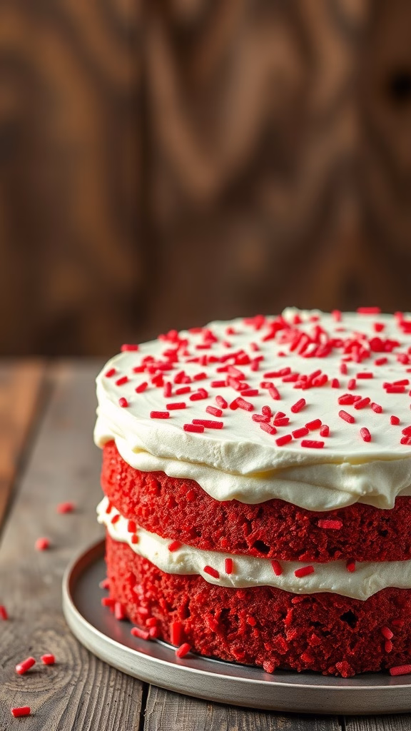 Red velvet cake with cream cheese frosting and red sprinkles