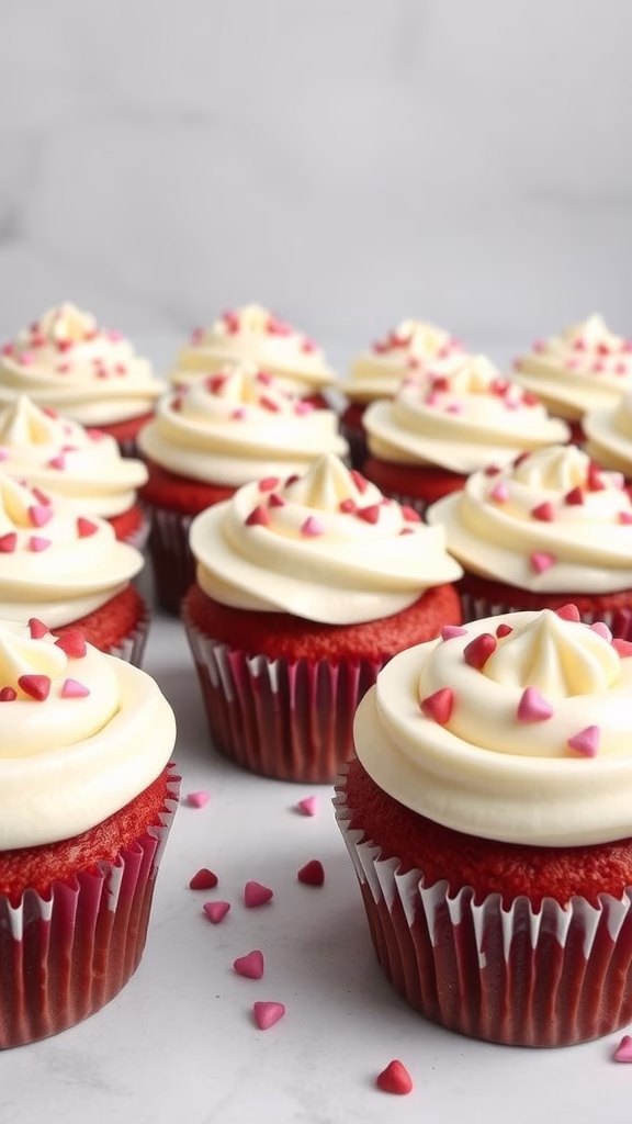 Delicious red velvet cupcakes with cream cheese frosting and heart sprinkles.