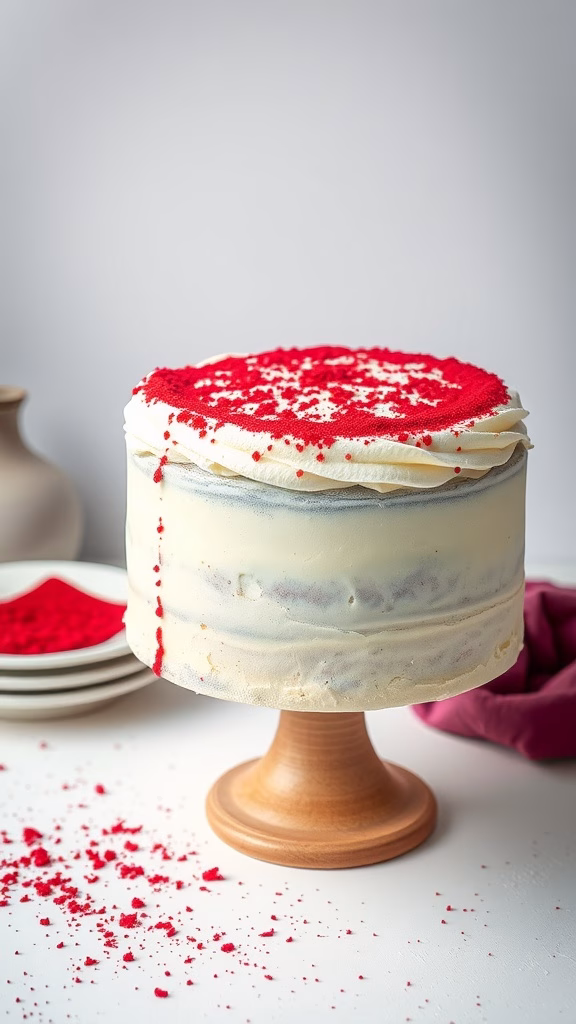 A beautifully decorated red velvet cake on a wooden stand with red crumbs on top.