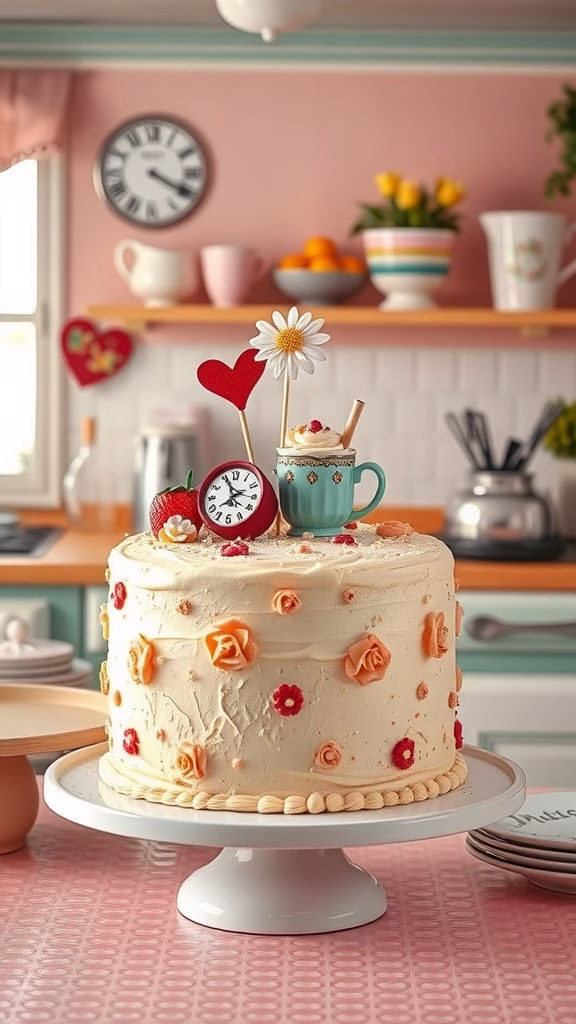 A beautifully decorated retro-inspired cake with floral accents and playful toppings.