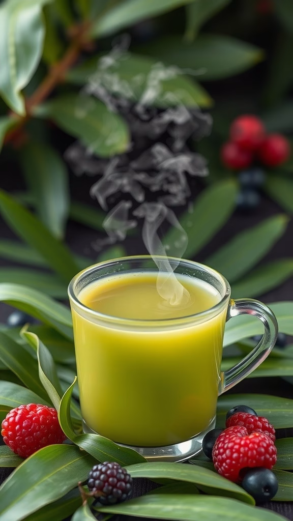 A steaming cup of pandan tea surrounded by pandan leaves and berries.