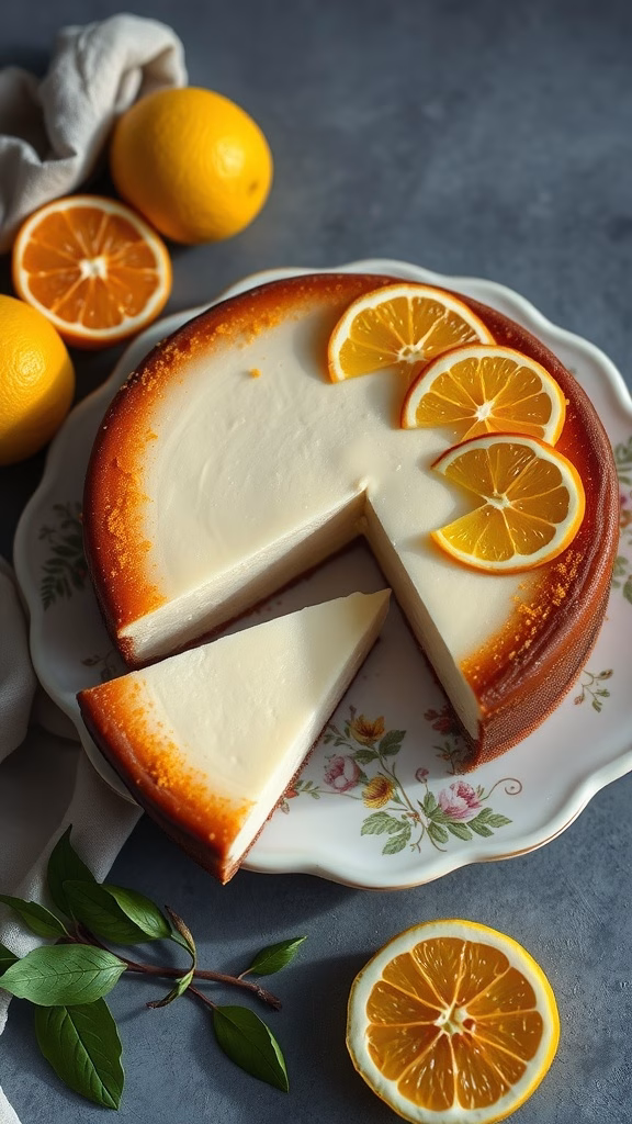 A slice of ricotta cheesecake garnished with citrus zest on a decorative plate.