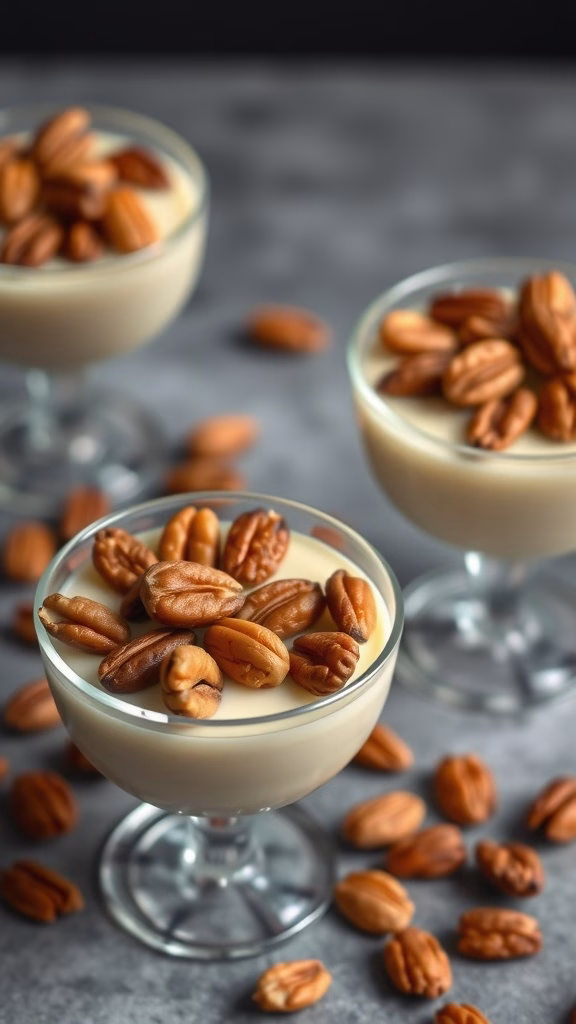 Bowls of creamy pudding topped with roasted nuts