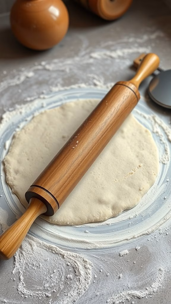 A wooden rolling pin on a sheet of dough sprinkled with flour
