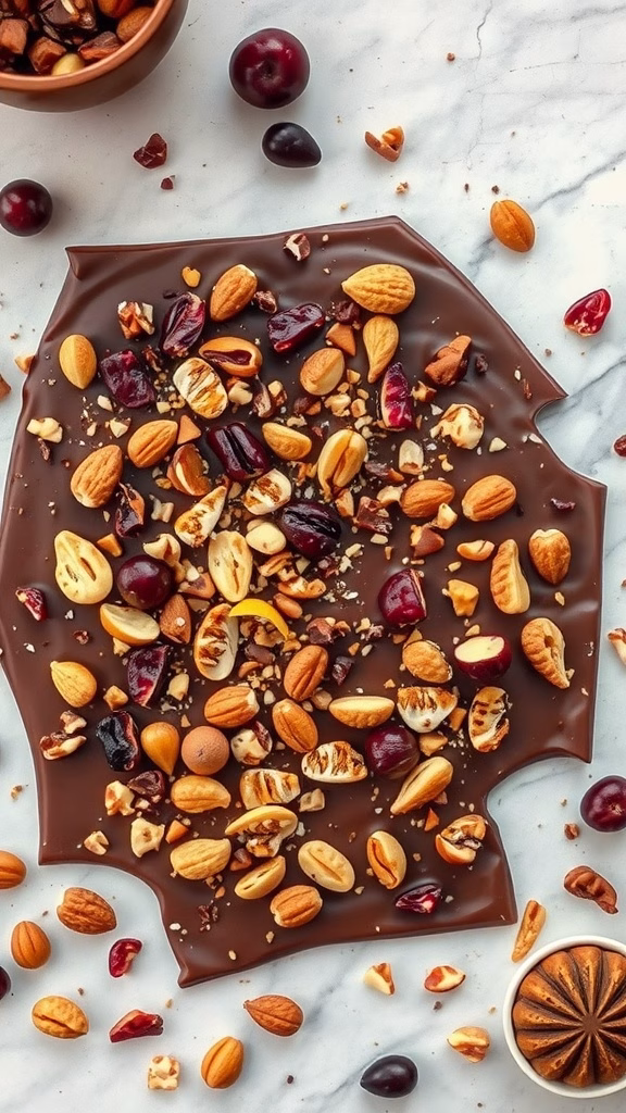 Chocolate bark topped with nuts and dried fruits