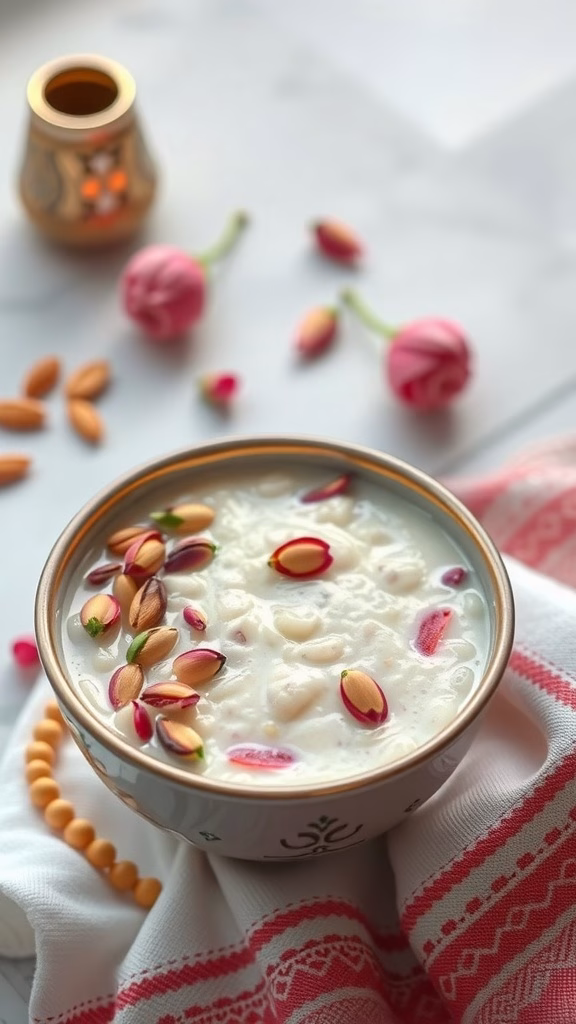 A bowl of creamy rice pudding garnished with nuts and rose petals, showcasing a traditional Saudi Arabian dessert.