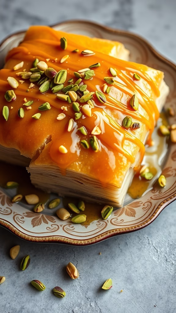 A plate of rosewater and pistachio baklava drizzled with syrup and topped with chopped pistachios.