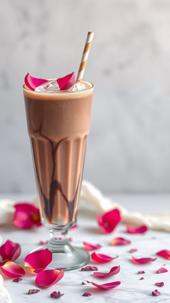A glass of Rosewater Chocolate Frappe topped with rose petals.