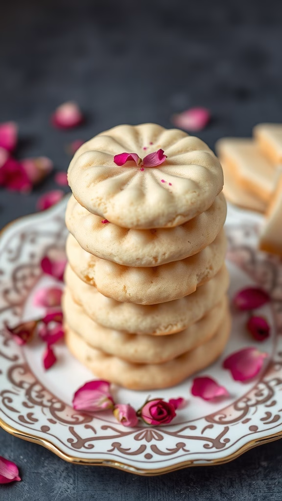 Vegan rosewater almond cookies stacked on a decorative plate
