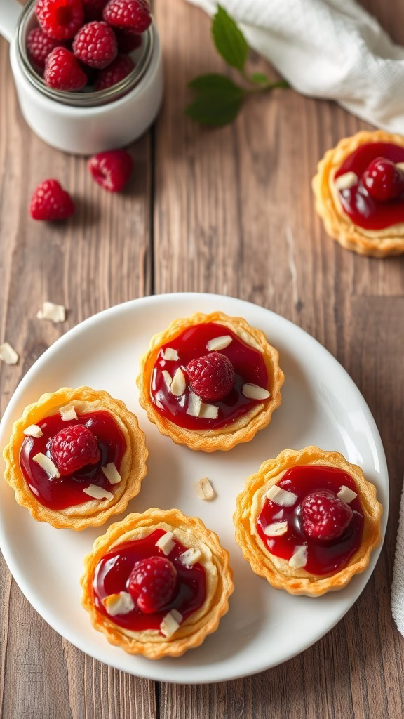 Delicious Runeberg tarts topped with raspberry jam and chopped almonds, served on a plate.