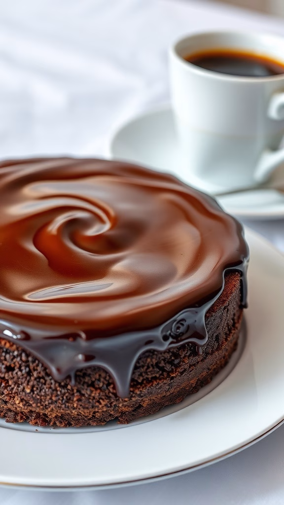 A beautifully glazed chocolate cake on a white plate with a cup of coffee beside it.