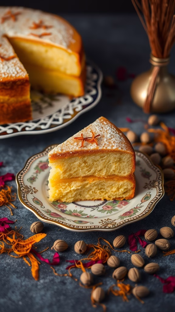 A slice of saffron and cardamom cake on a decorative plate.