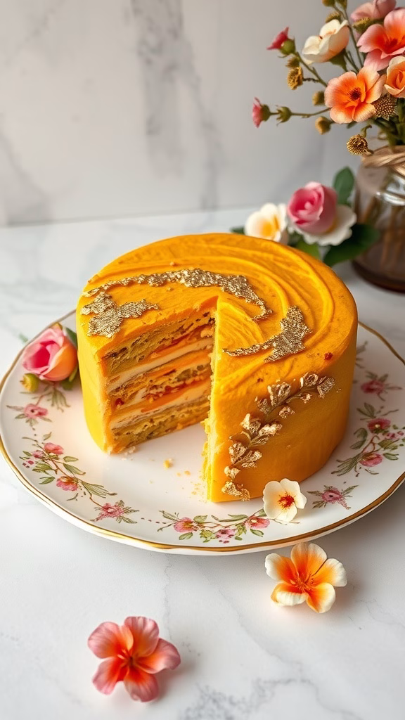 A beautiful saffron and gold leaf infused cake decorated with gold accents and surrounded by flowers