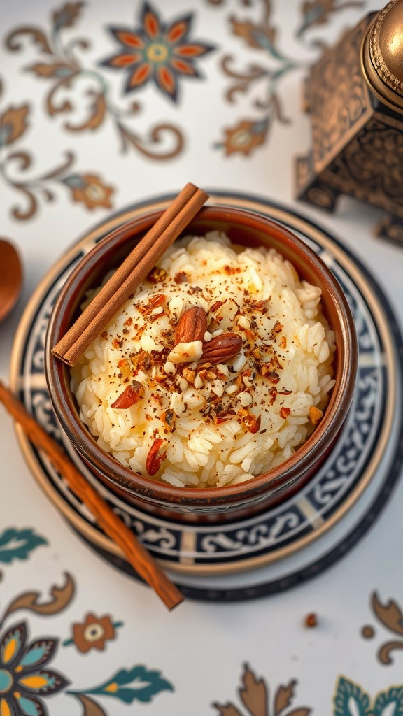 A bowl of saffron rice pudding garnished with nuts and spices