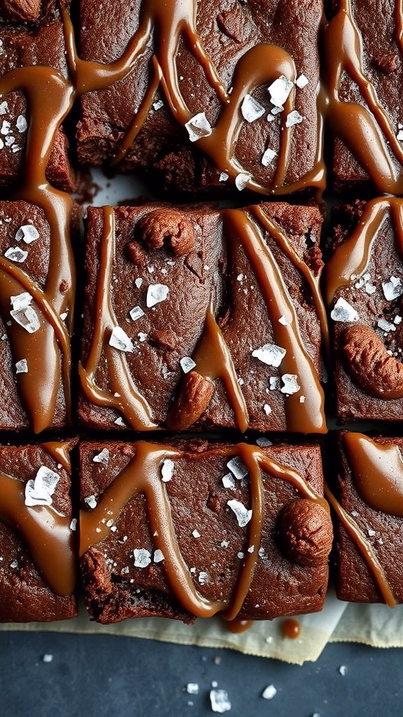 Delicious salted caramel brownie bites topped with caramel sauce and flaky sea salt