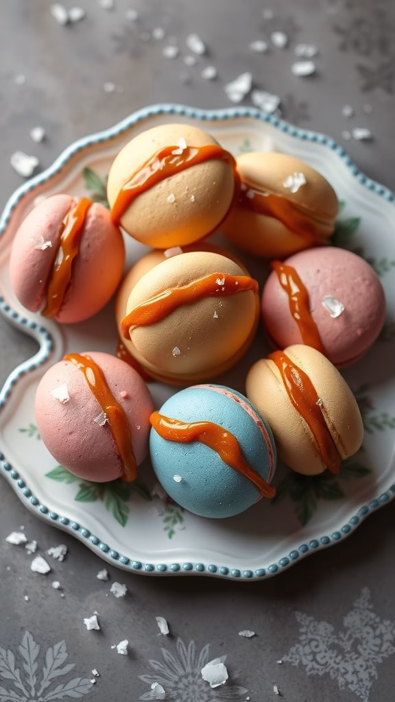 A plate of colorful salted caramel macarons with caramel drizzle and sea salt flakes