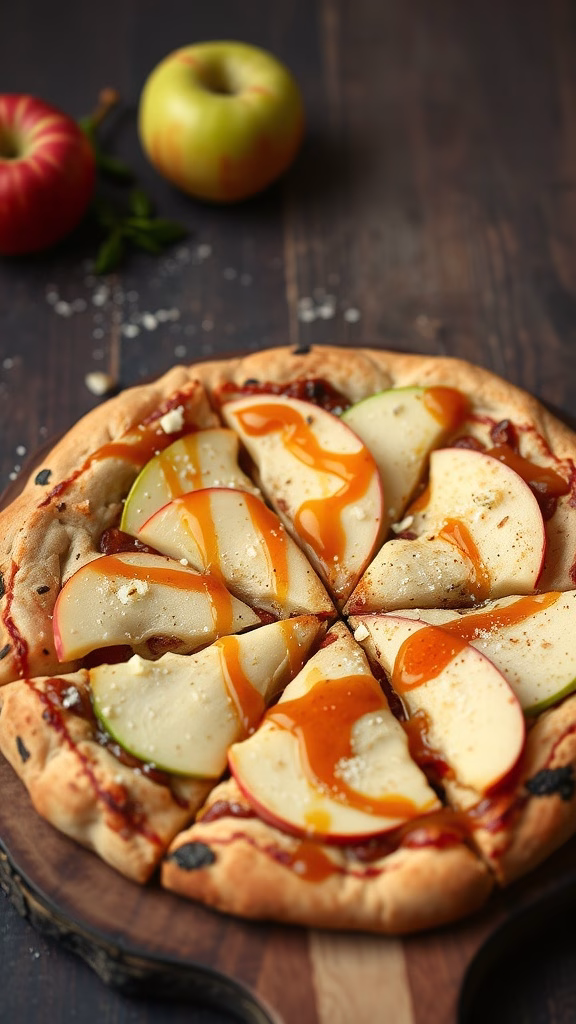 A delicious savory apple and cheddar pizza topped with caramel drizzle.