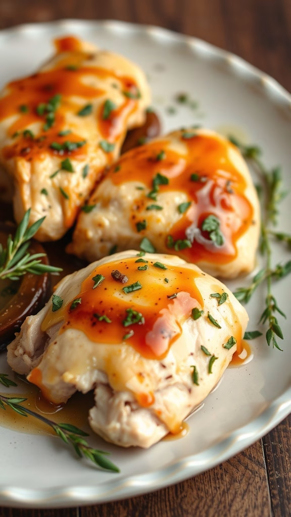 Plate of chicken topped with a rich glaze and herbs.