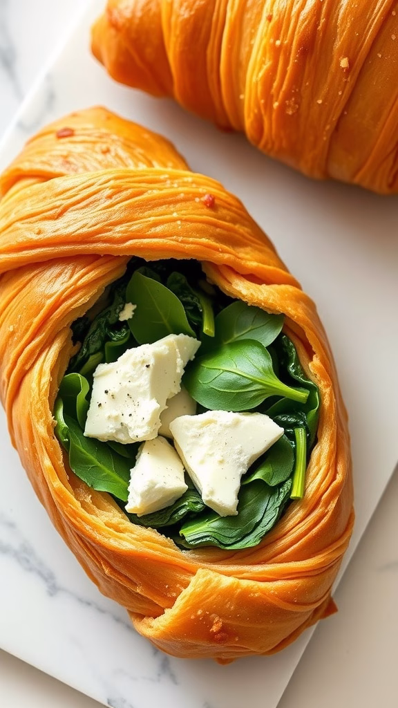 Savory feta and spinach croissants, freshly baked with flaky layers and green filling.