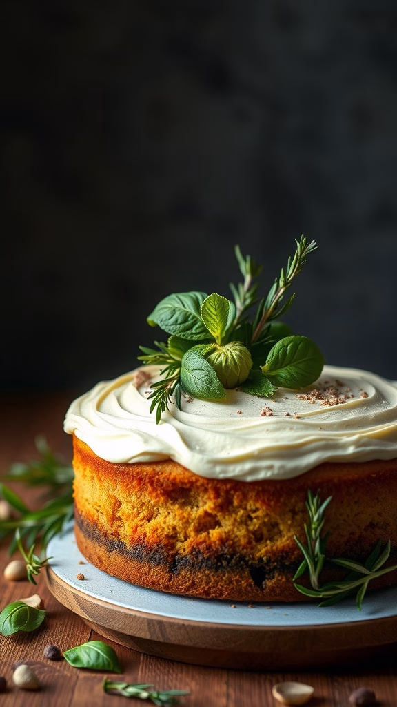 A beautifully decorated cake topped with fresh herbs.