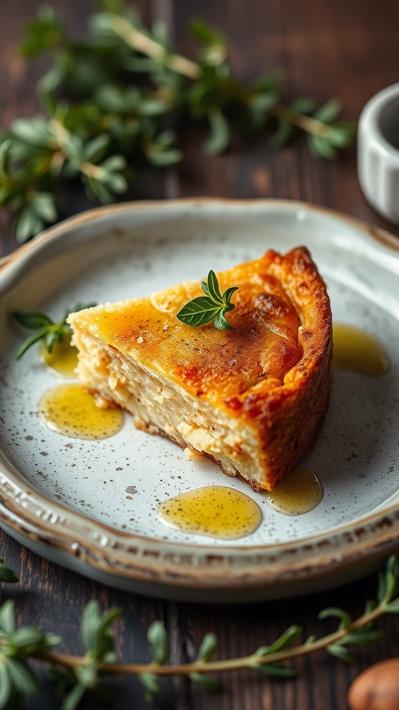 A slice of savory olive oil cake drizzled with olive oil and garnished with fresh herbs on a rustic plate.