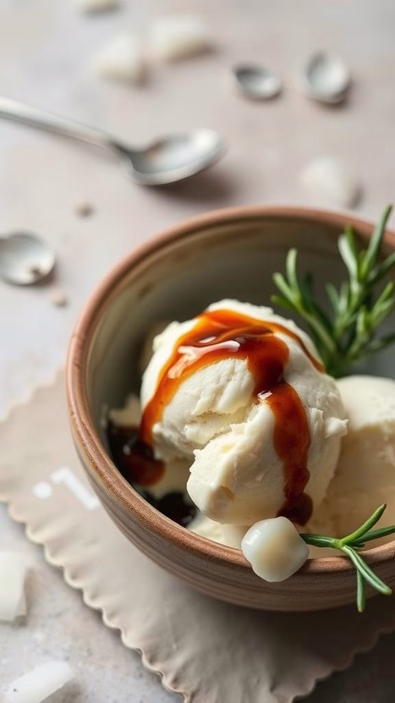 A bowl of olive oil ice cream drizzled with balsamic glaze and garnished with herbs.