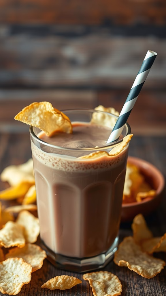 A glass of chocolate milkshake topped with crispy potato chips, surrounded by more chips on a wooden table.