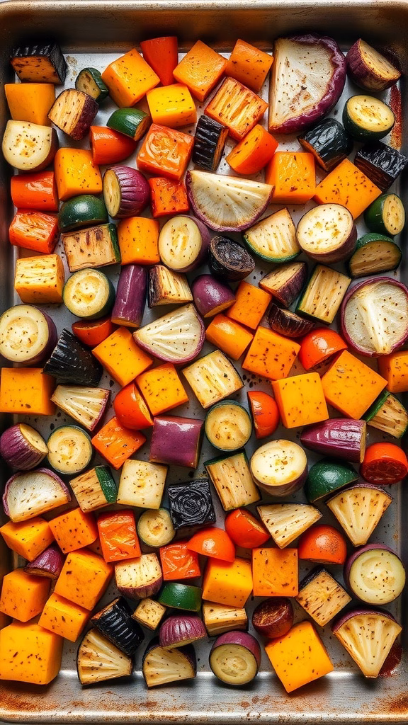 A colorful tray of roasted vegetables including squash, zucchini, and eggplant, showcasing a delicious savory vanilla bean preparation.