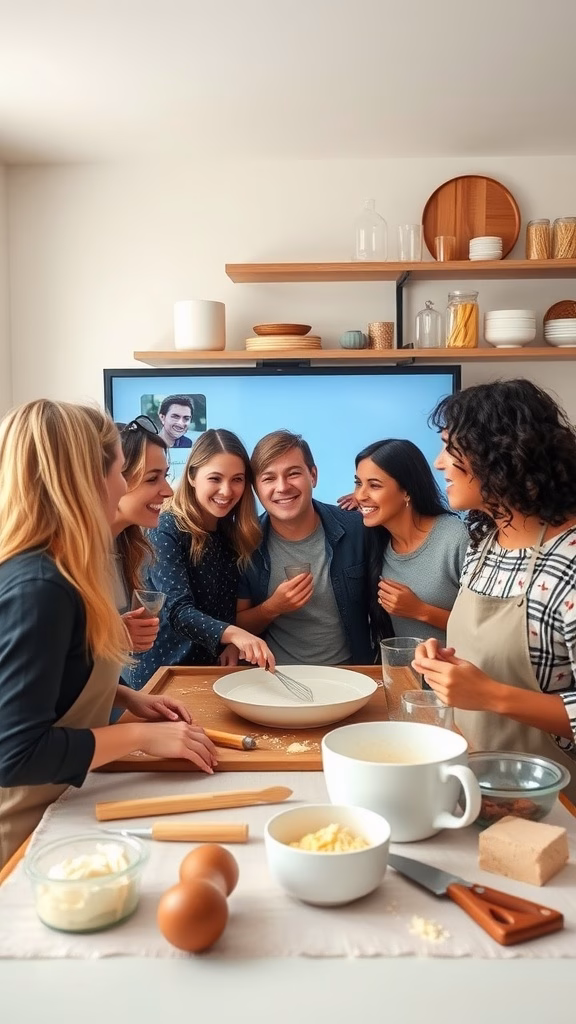 A group of friends happily baking together in a kitchen.