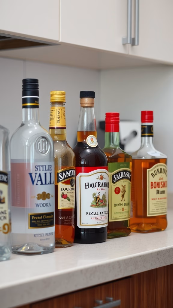 Different types of alcohol bottles on a kitchen counter, showcasing options for making homemade vanilla extract.