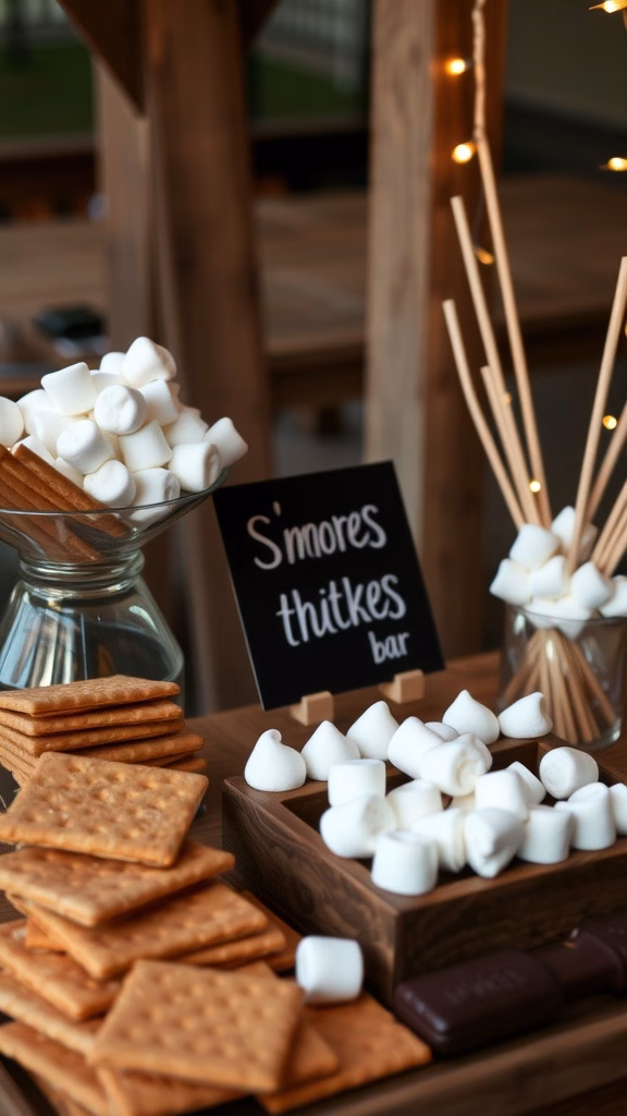 A S'mores bar featuring graham crackers, marshmallows, and chocolate options.