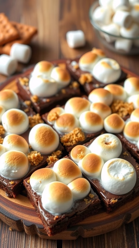 Delicious S'mores brownies topped with toasted marshmallows and graham cracker crumbs.