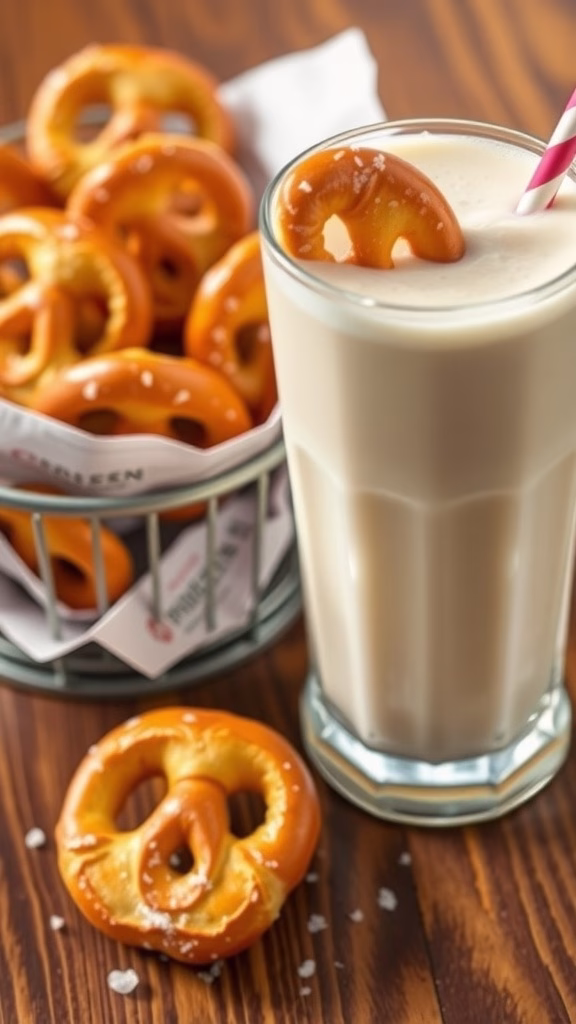 A glass of milkshake with a soft pretzel bite dipping in it, surrounded by more pretzel bites in a basket.