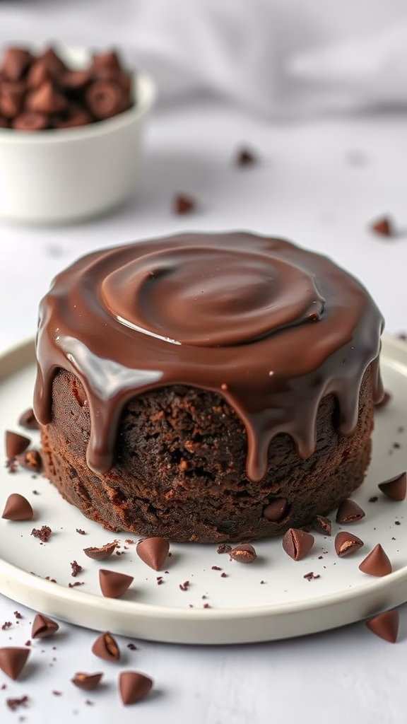 A delicious sour cream chocolate cake topped with chocolate ganache and surrounded by chocolate chips.