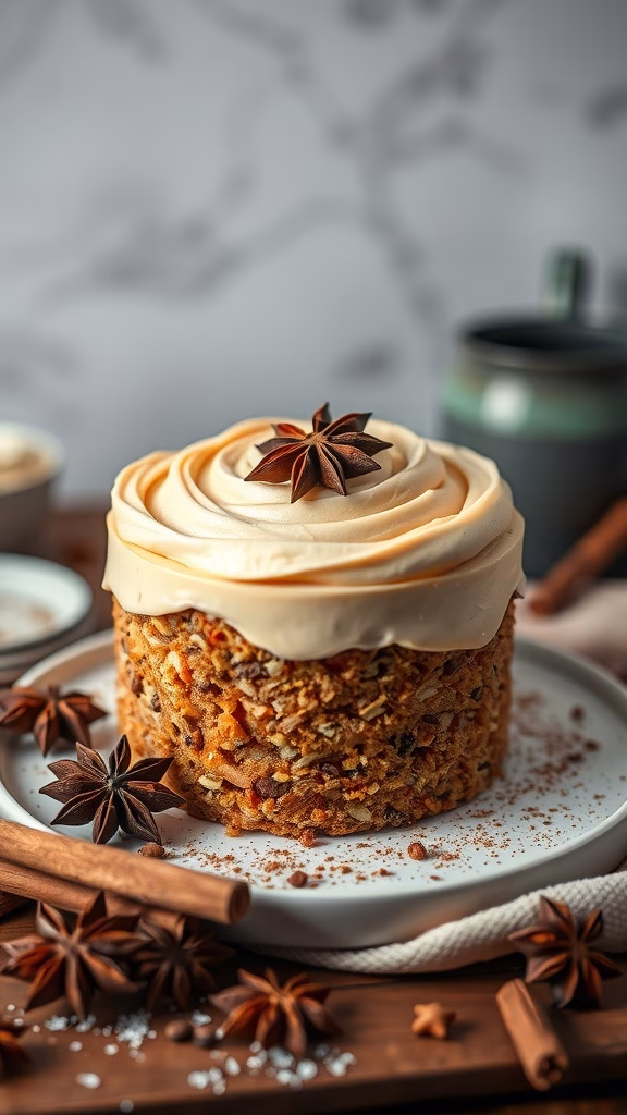 A beautifully decorated spiced chai cake topped with cream cheese frosting and star anise.