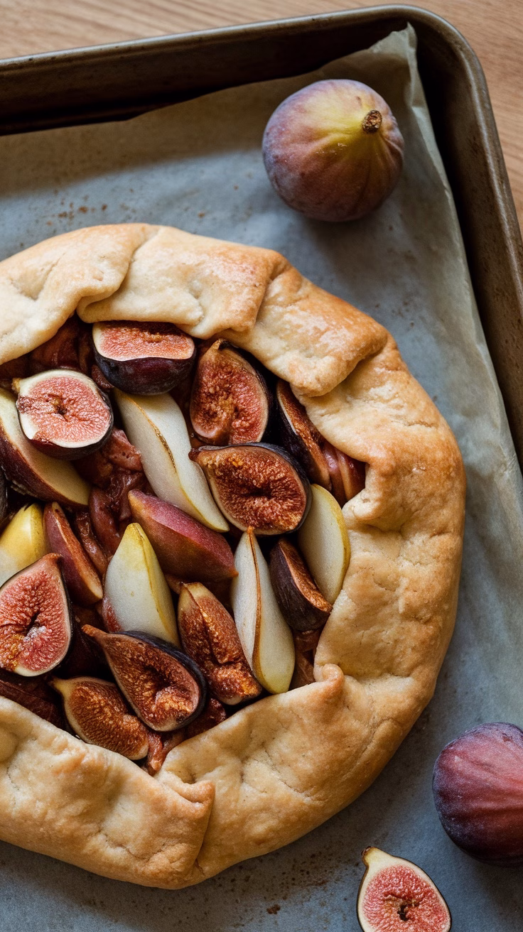 A spiced fig and pear galette with a flaky crust, featuring sliced pears and dried figs.