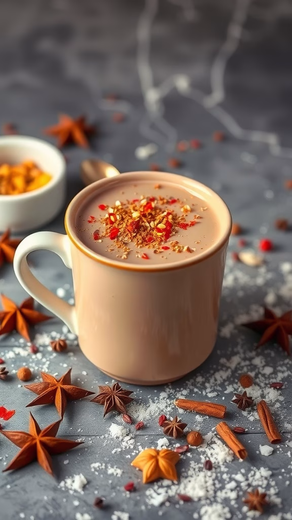 A cozy cup of spicy cardamom and chili hot chocolate topped with spices.