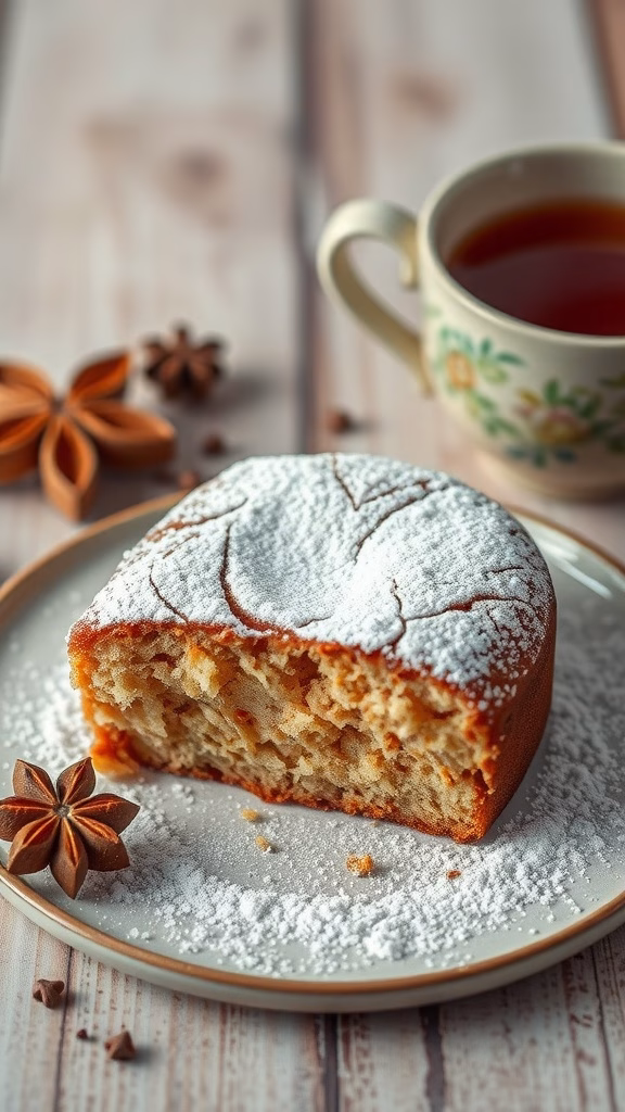 A slice of spicy chai tea cake dusted with powdered sugar, surrounded by spices and a cup of tea.