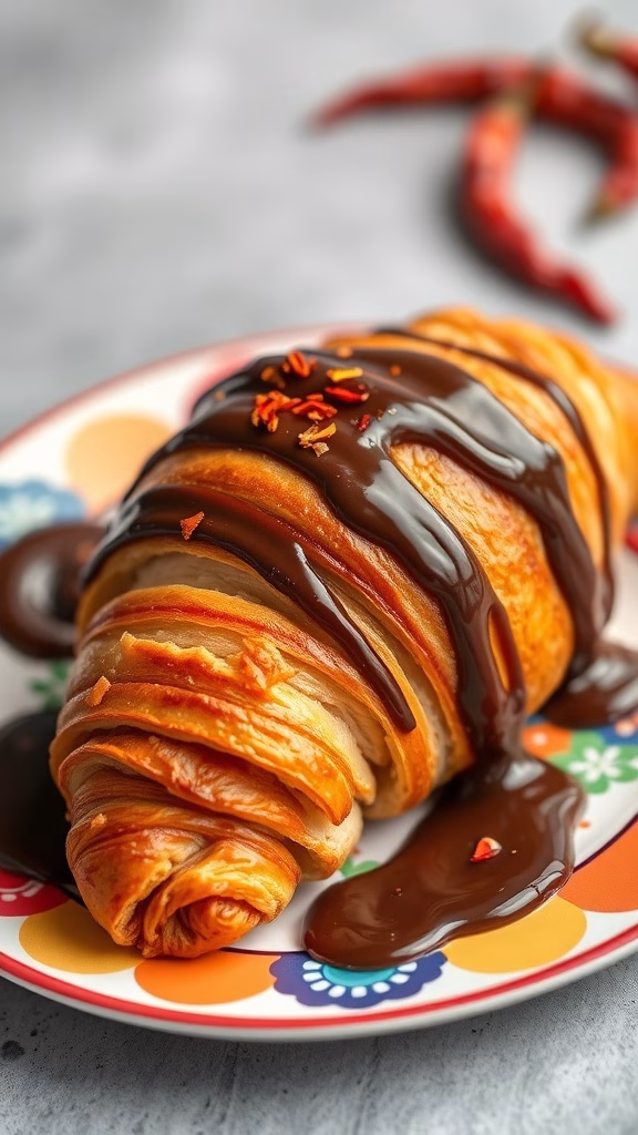 A delicious spicy chipotle chocolate croissant with chocolate drizzle on top.