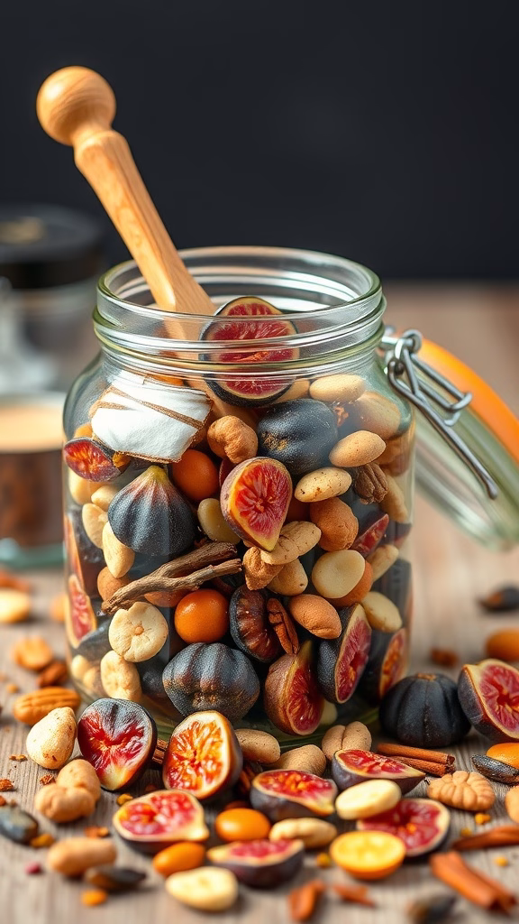 A jar filled with a mix of dried figs, nuts, and seeds, showcasing a healthy snack option.