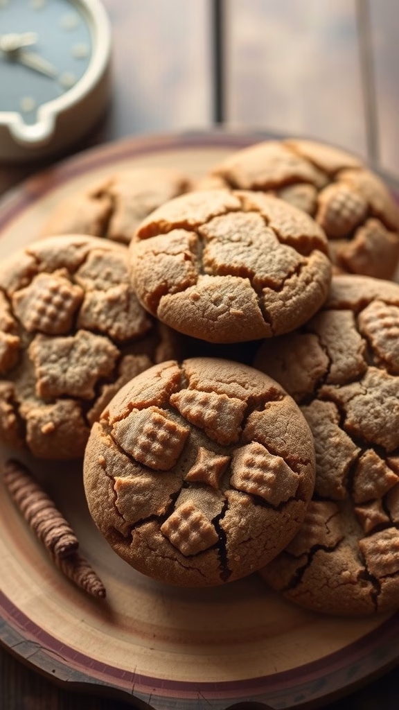 Plate of spicy ginger molasses cookies, showcasing their crinkly tops and warm color.