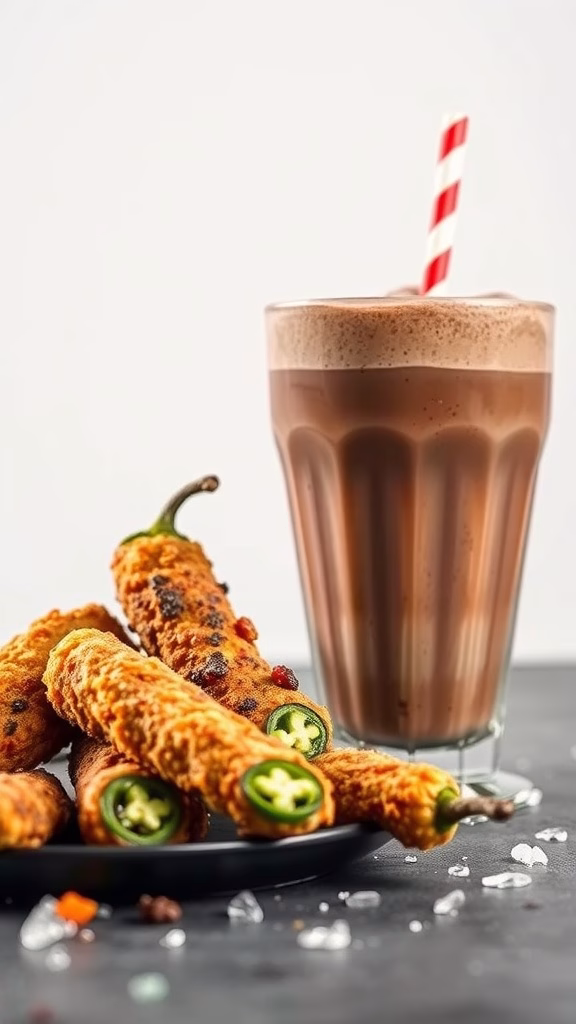 A plate of spicy jalapeño poppers beside a chocolate milkshake with a red and white striped straw.
