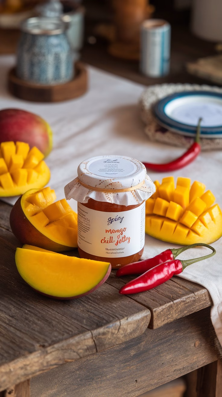 Spicy mango chili jelly with fresh mango slices and red chilies