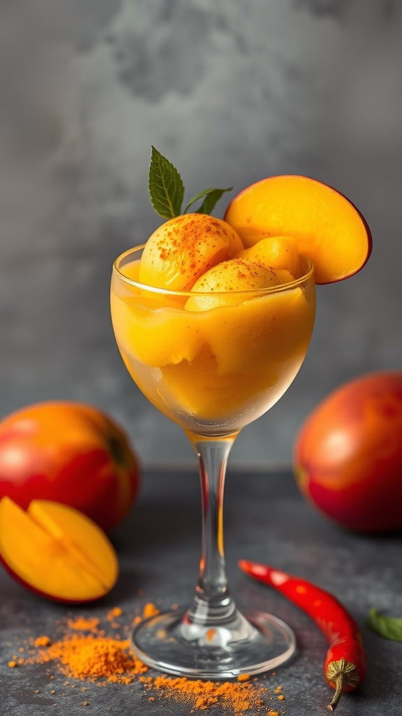 A refreshing glass of spicy mango chili sorbet garnished with mint leaves and slices of mango.