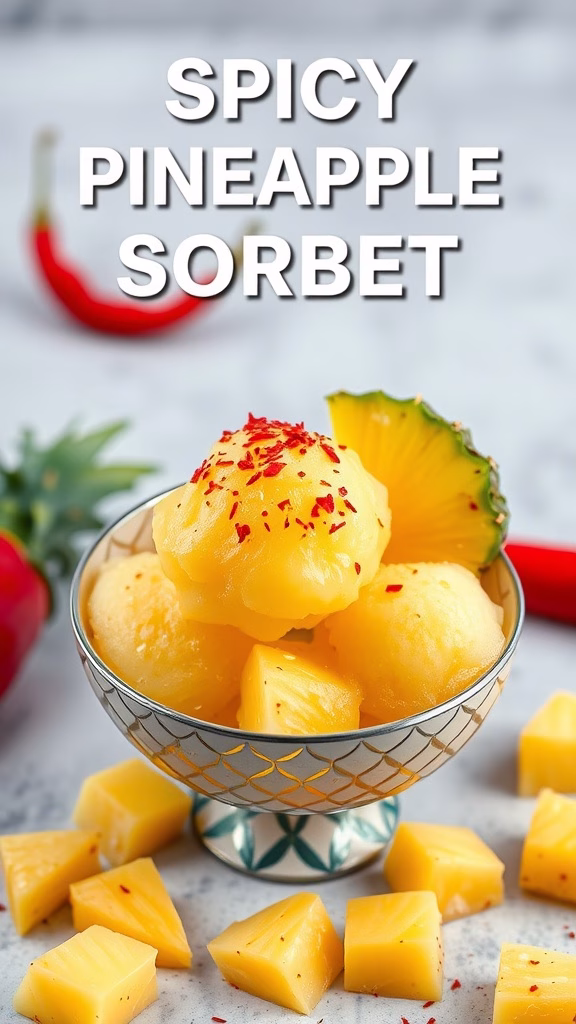 A bowl of Spicy Pineapple Sorbet with fresh pineapple pieces and chili flakes