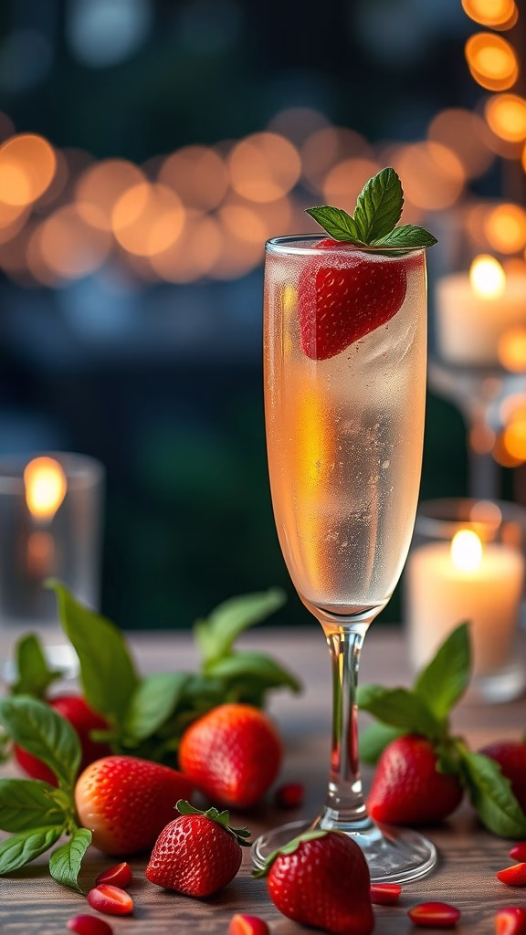 A refreshing Strawberry Basil Sparkler mocktail garnished with a strawberry and mint, surrounded by fresh strawberries.