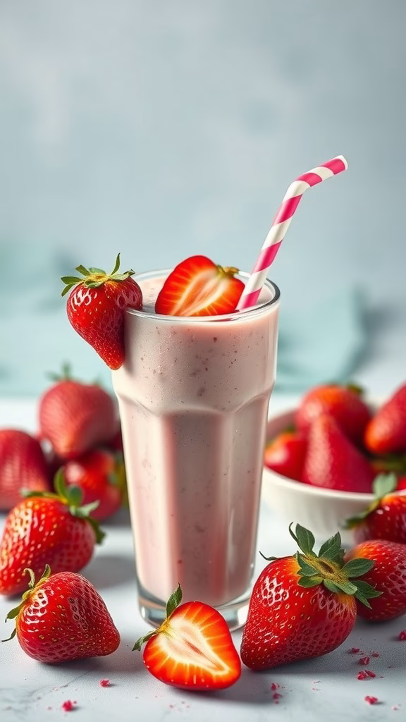 A refreshing strawberry shortcake smoothie garnished with strawberries and served in a tall glass.