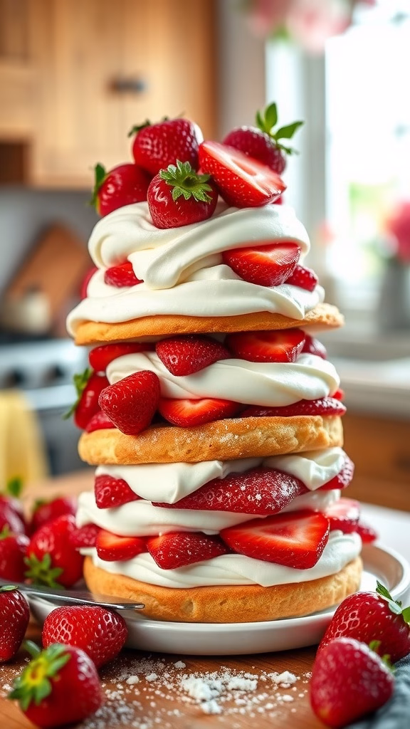 Delicious strawberry shortcake stacked with whipped cream and fresh strawberries