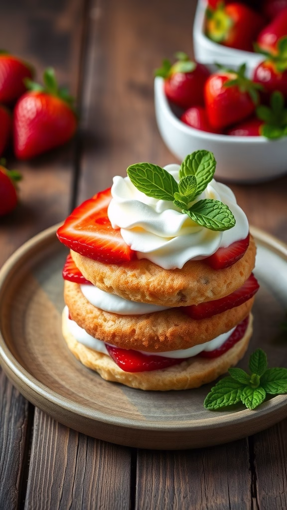 A delicious strawberry shortcake with whipped cream and fresh strawberries.